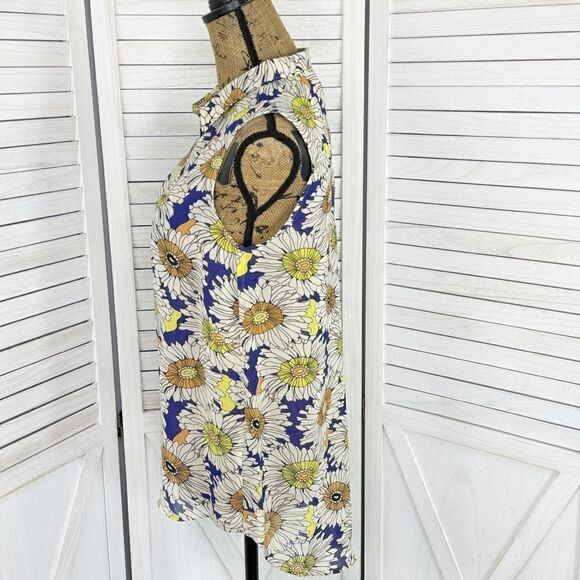 H&M Floral Chiffon Sleeveless Button Front Tunic Shirt Blue Cream Size 6 - Picture 2 of 10